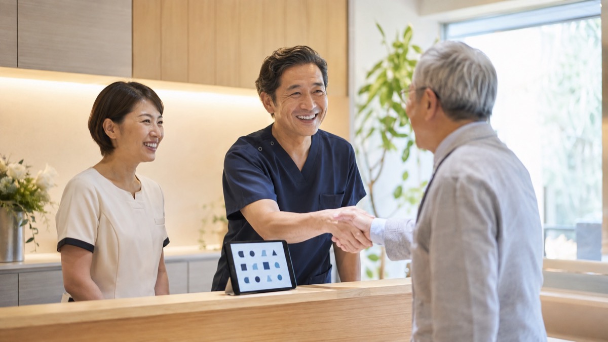 受付で、再診の患者さんを迎えるクリニック