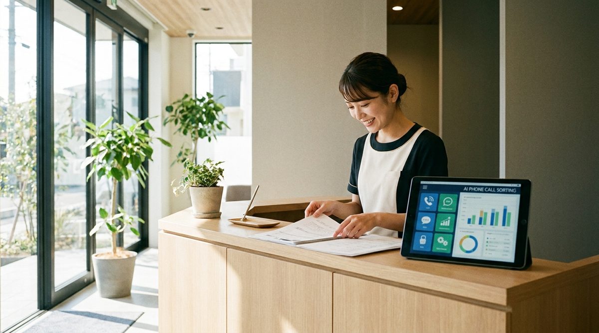 クリニックの受付で電話対応とAIによる自動応答を管理する様子