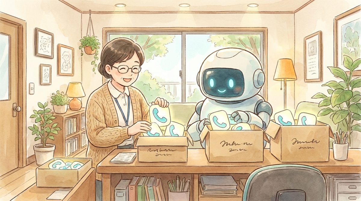 受付スタッフとロボットが着信内容を仕分けている様子