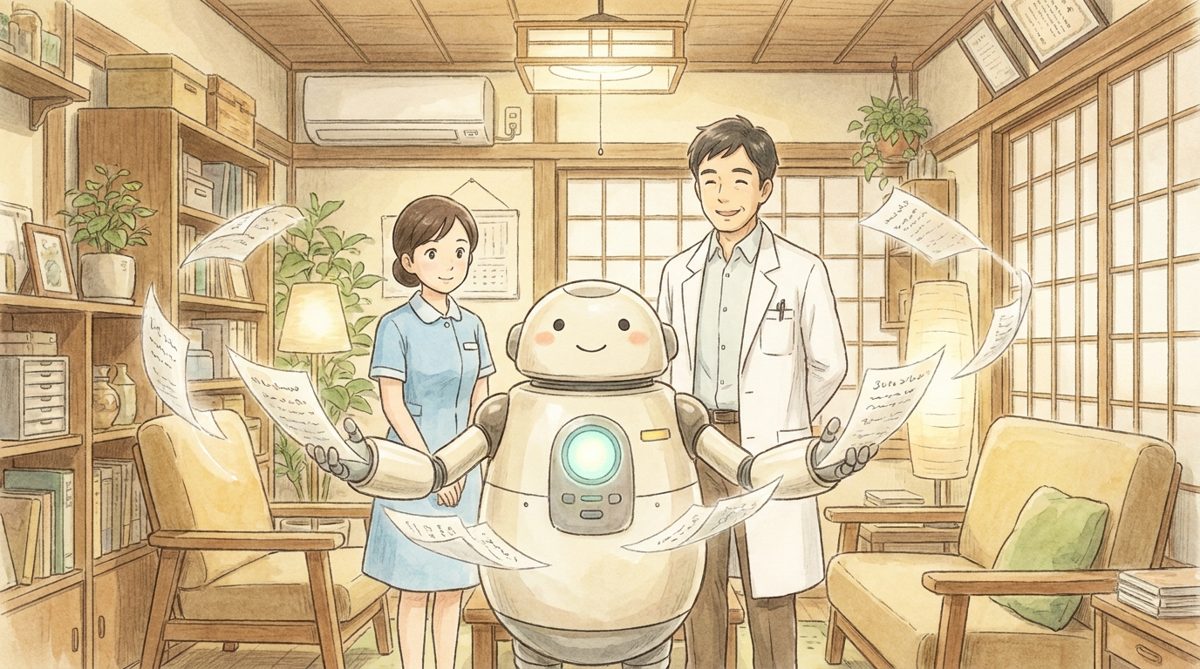 ロボットアシスタントと一緒に書類を整理し笑顔を見せる医師と看護師