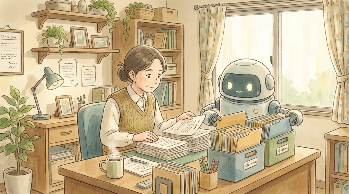 事務長がデスクで書類を整理し業務の棚卸しを進める様子