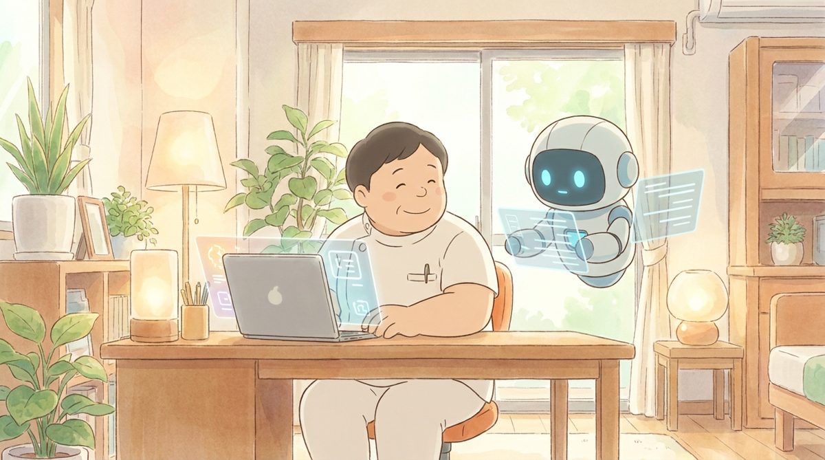 ホームページの更新作業を行うクリニックのスタッフとサポートするAIロボット