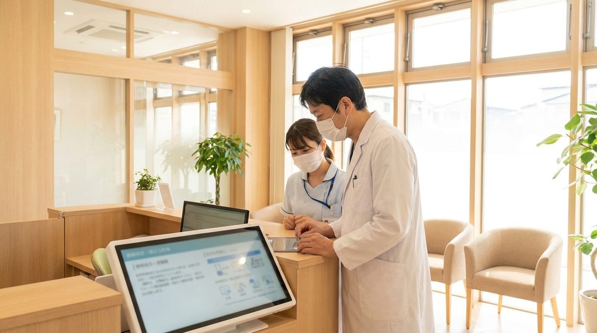 クリニックの受付で同意書の電子化についてタブレットで確認する医療スタッフ