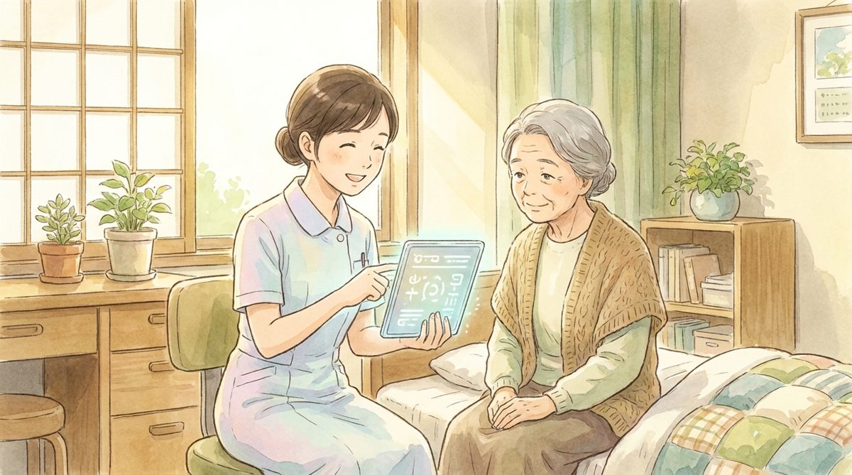 患者さんにタブレットで説明資料を見せる看護師