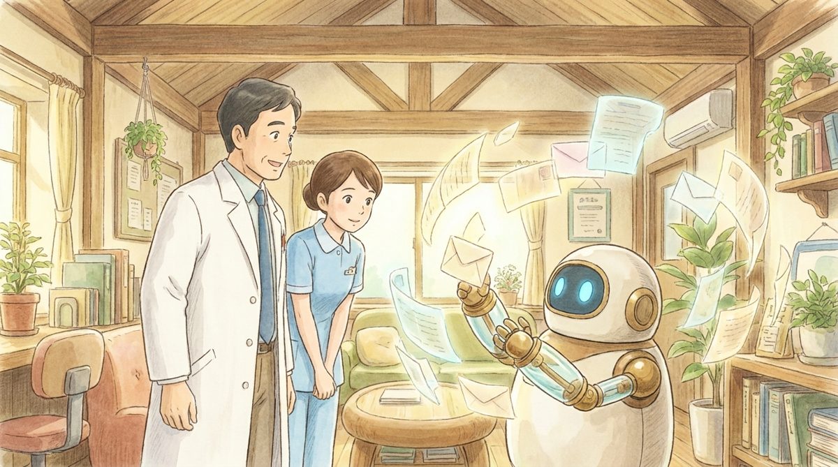 クリニックのスタッフとロボットが協力して業務マニュアルを整理する様子