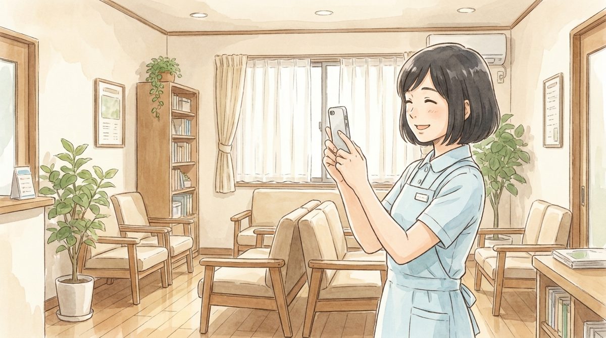 クリニックのMEO対策に活用するためスマートフォンのカメラで待合室を撮影するスタッフ