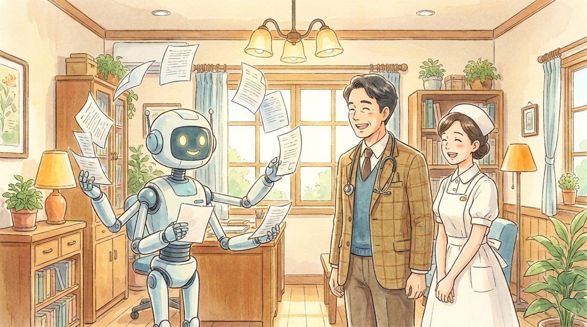 温かい雰囲気のクリニックでロボットアシスタントと働く医療スタッフ