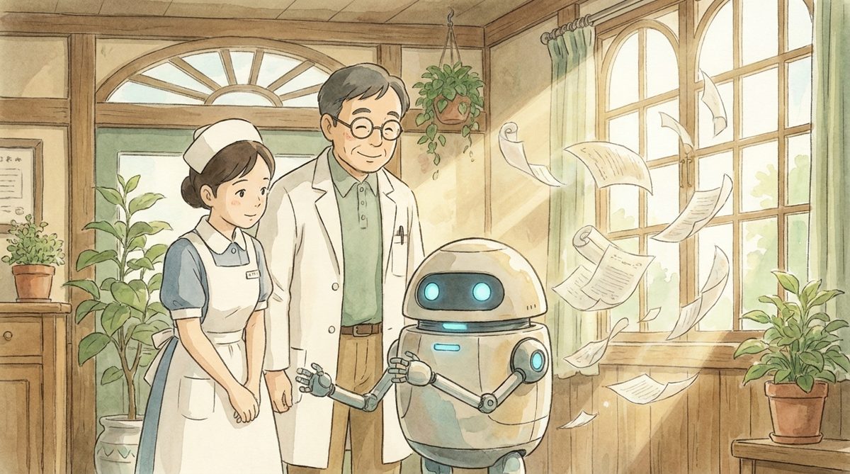 温かみのある手描きアニメ風のイラストで医師と看護師がロボットアシスタントと一緒にクリニックの多言語対応資料を整理している様子