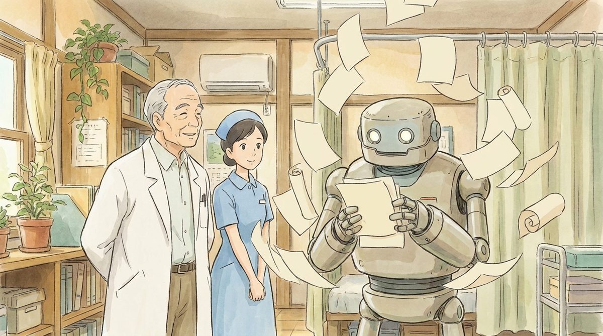 笑顔の医療スタッフと電子カルテ連携をサポートするロボットの温かいイラスト