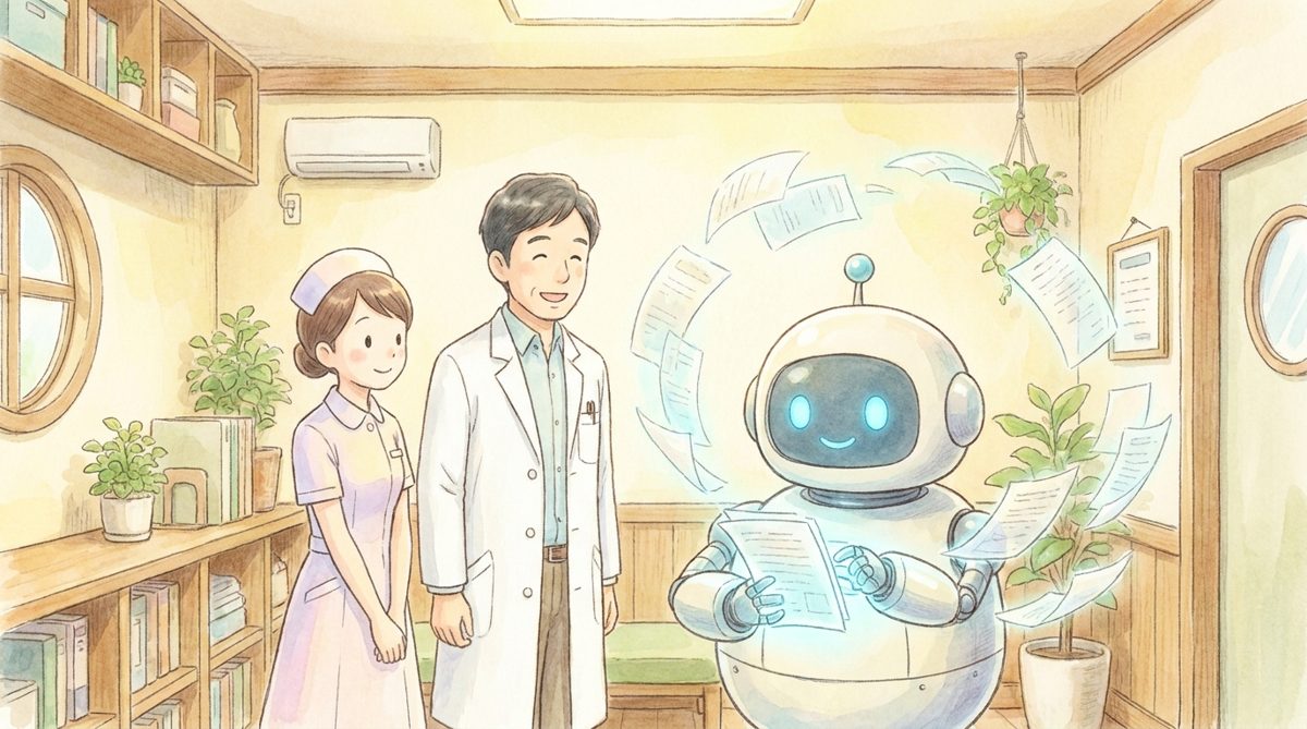 笑顔で予約システムを運用するクリニックのスタッフとロボット
