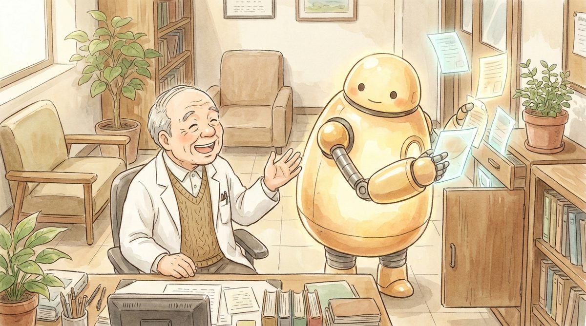 カルテの文章を整理するAIアシスタントと医師