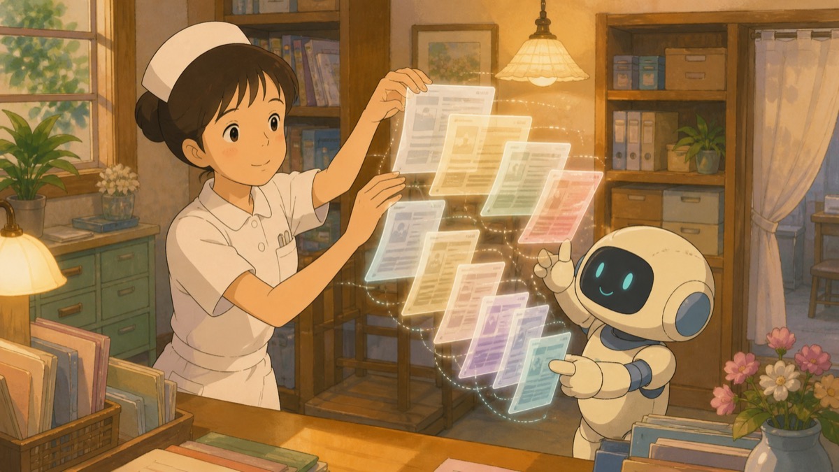 同意書の版管理の履歴を整理するスタッフとAIアシスタントのイラスト