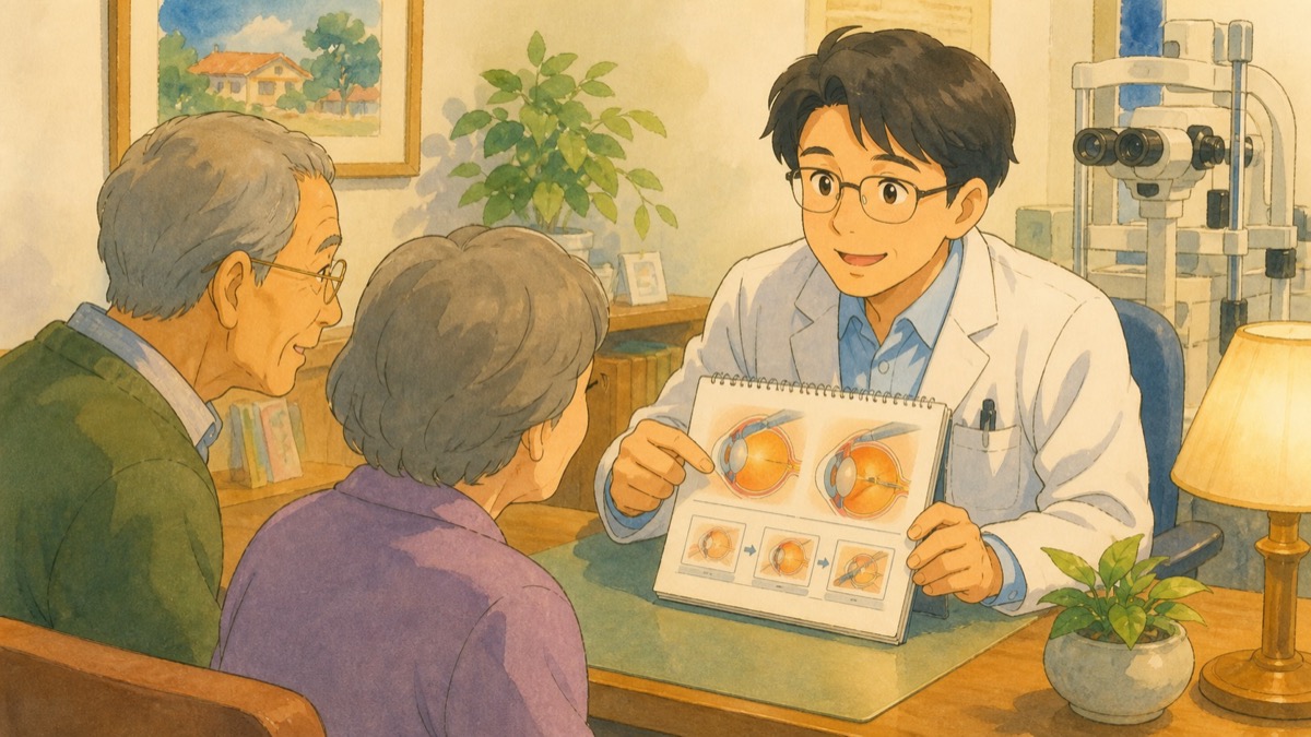 眼科で手術説明資料を高齢の夫婦に示す医師のイラスト