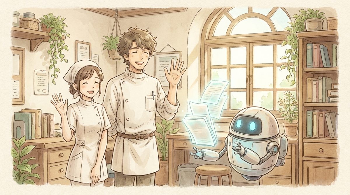 泌尿器科クリニックのスタッフとロボットが協力して集患コンテンツを作成する様子