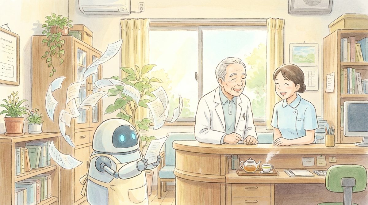 温かい雰囲気のクリニックで医療スタッフとロボットが協力して書類を整理する様子