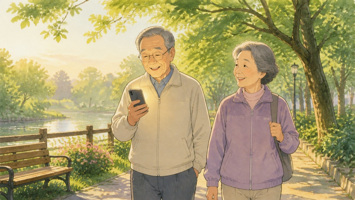 循環器の継続通院を支える案内を受け取り散歩する高齢夫婦のイラスト