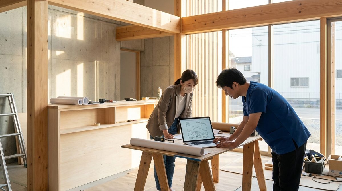開業前のクリニックでホームページの構成を相談するスタッフ