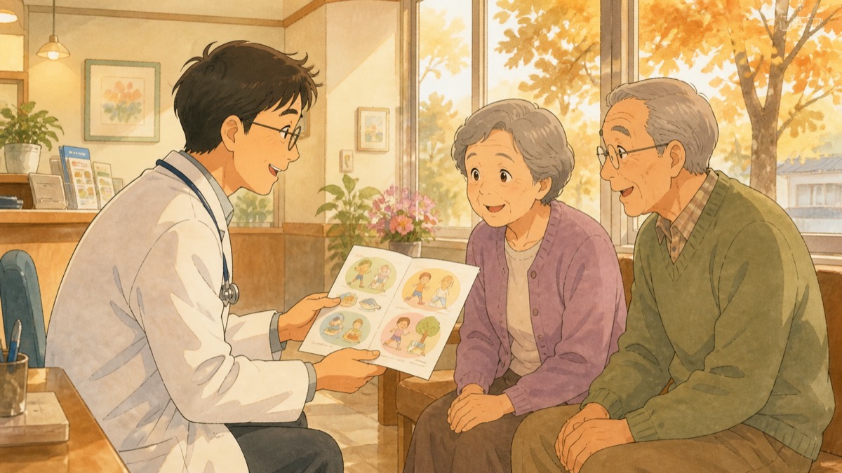 内科の待合室で説明資料を受け取る患者を描いたDXのイメージイラスト