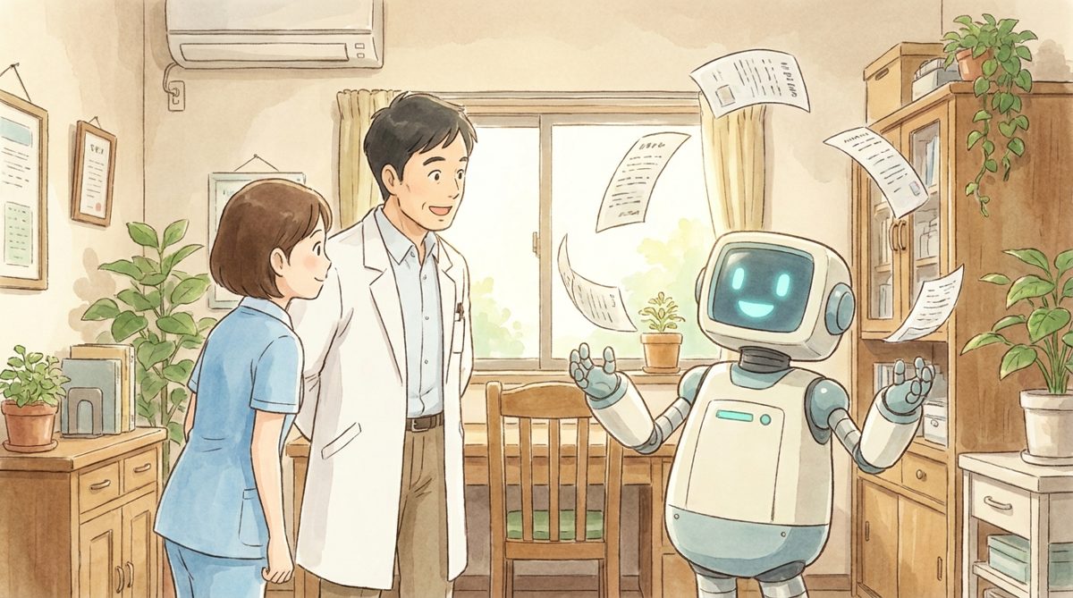オンライン診療の導線を設計するクリニックのスタッフとロボット