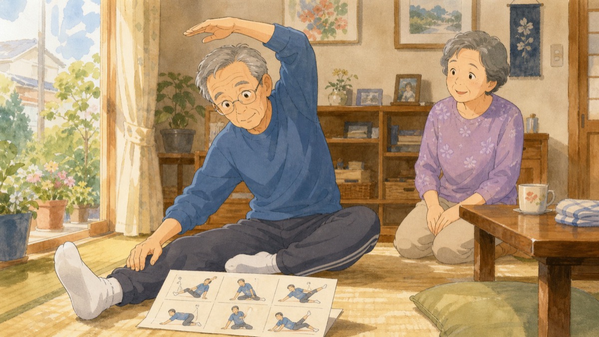 整形外科のリハビリ案内資料を見ながら自宅で運動する高齢男性のイラスト