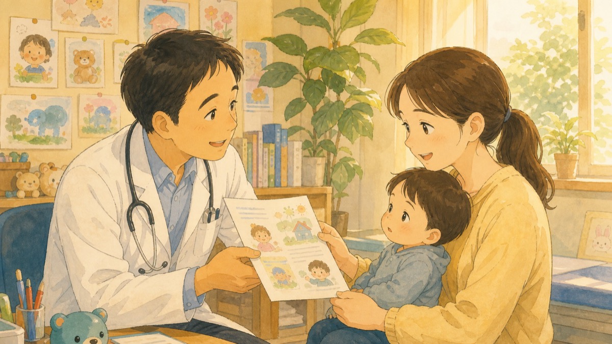 小児科でホームケア案内の資料を保護者に手渡す医師のイラスト