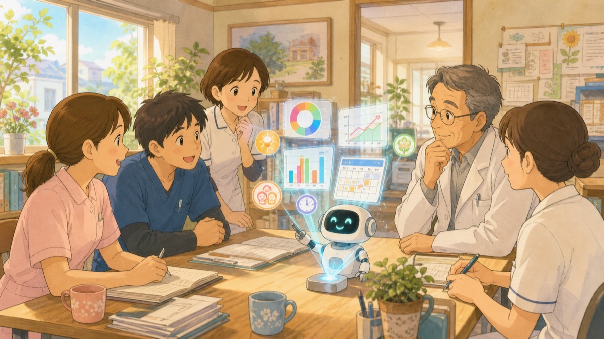 予約データの分析結果を朝の打ち合わせで共有するスタッフのイラスト